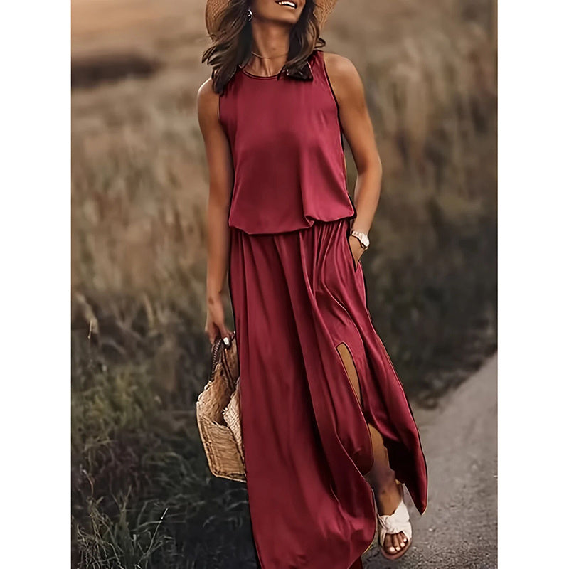 Women's Maxi Dress Summer Sleeveless Crewneck Sundress Casual Loose Long Dresses With Pockets