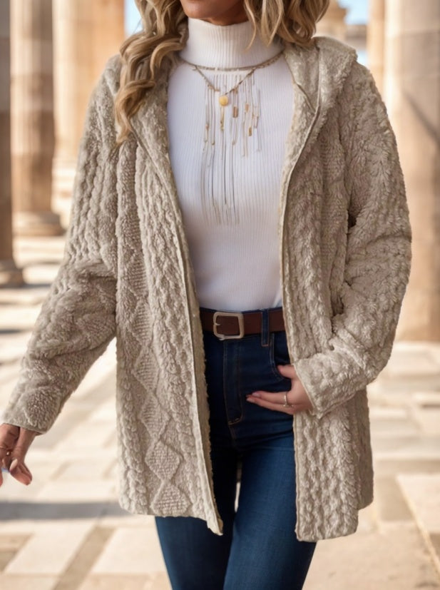 Women Solid Color Long Sleeve Hooded Textured Fleece Jacket For Winter