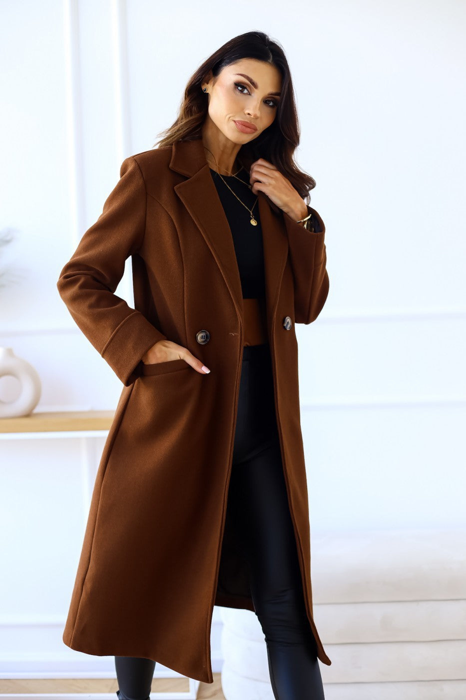 Simple Double Breasted Long Sleeve Lapel Button Woolen Coat