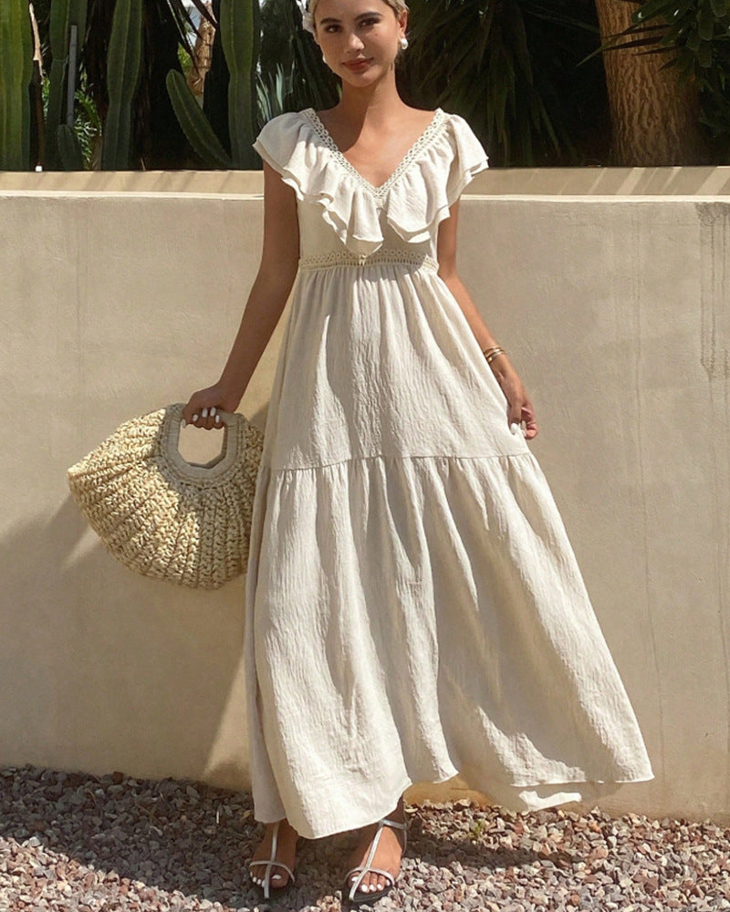 Women’s Summer Loose V-Neck Dress with Flying Sleeves – European & American Style