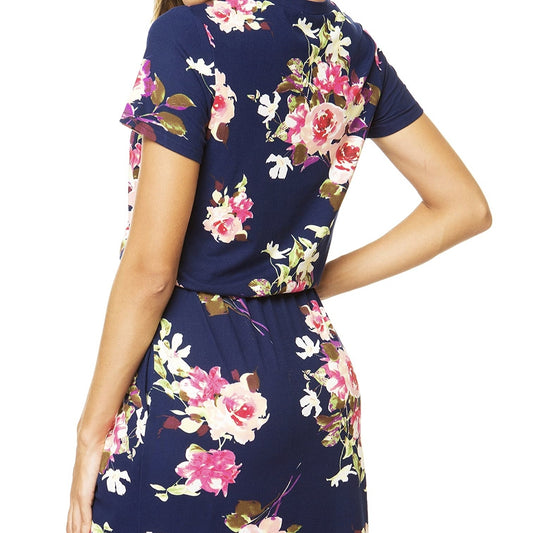 Ladies' Round Neck Floral Print Elegant Drawstring Slanted Pocket Detail Dress