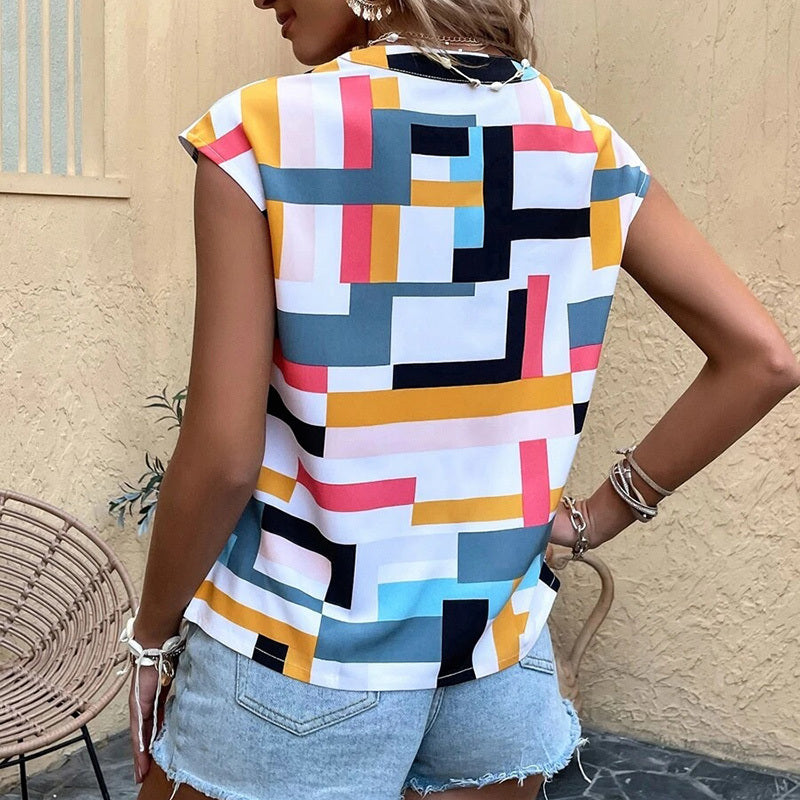 Women's Geometric Print V-Neck T-Shirt – Dressy Casual Cap Sleeve Summer Top
