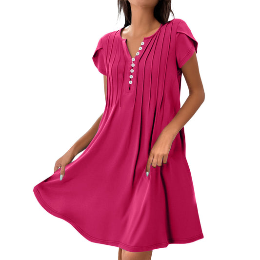 Women's V-Neck Solid Color Button Dress – Casual Comfort Pullover Midi Dress