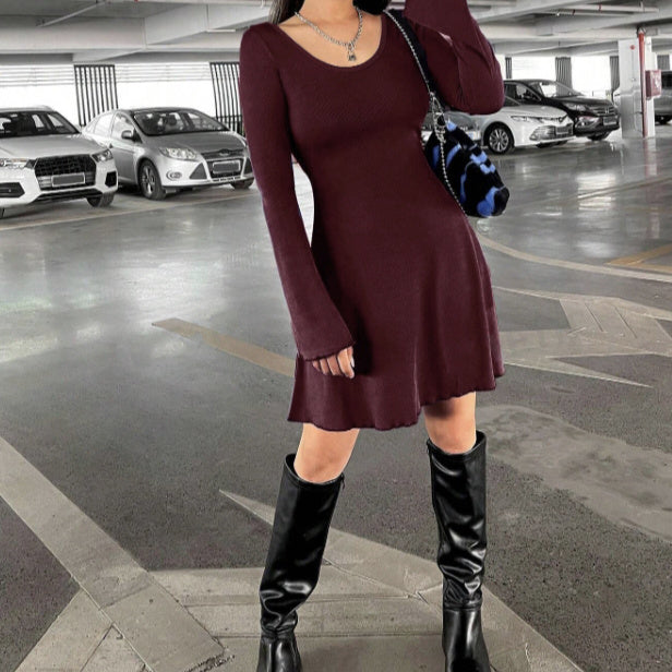Women's Autumn & Winter Slim Fit Dress with Stylish Black Fungus Cuffs – Trendy Solid Color Bag-Hip Design