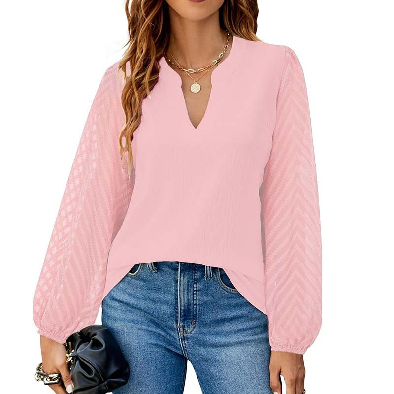 Women's Lace Long Sleeve Chiffon Blouse – V-Neck Dressy Casual Top for Business & Work
