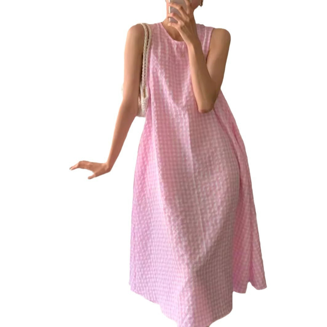 Special-interest Design Hollow Sweet Pleated Plaid Sleeveless Dress