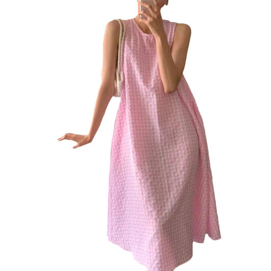 Special-interest Design Hollow Sweet Pleated Plaid Sleeveless Dress