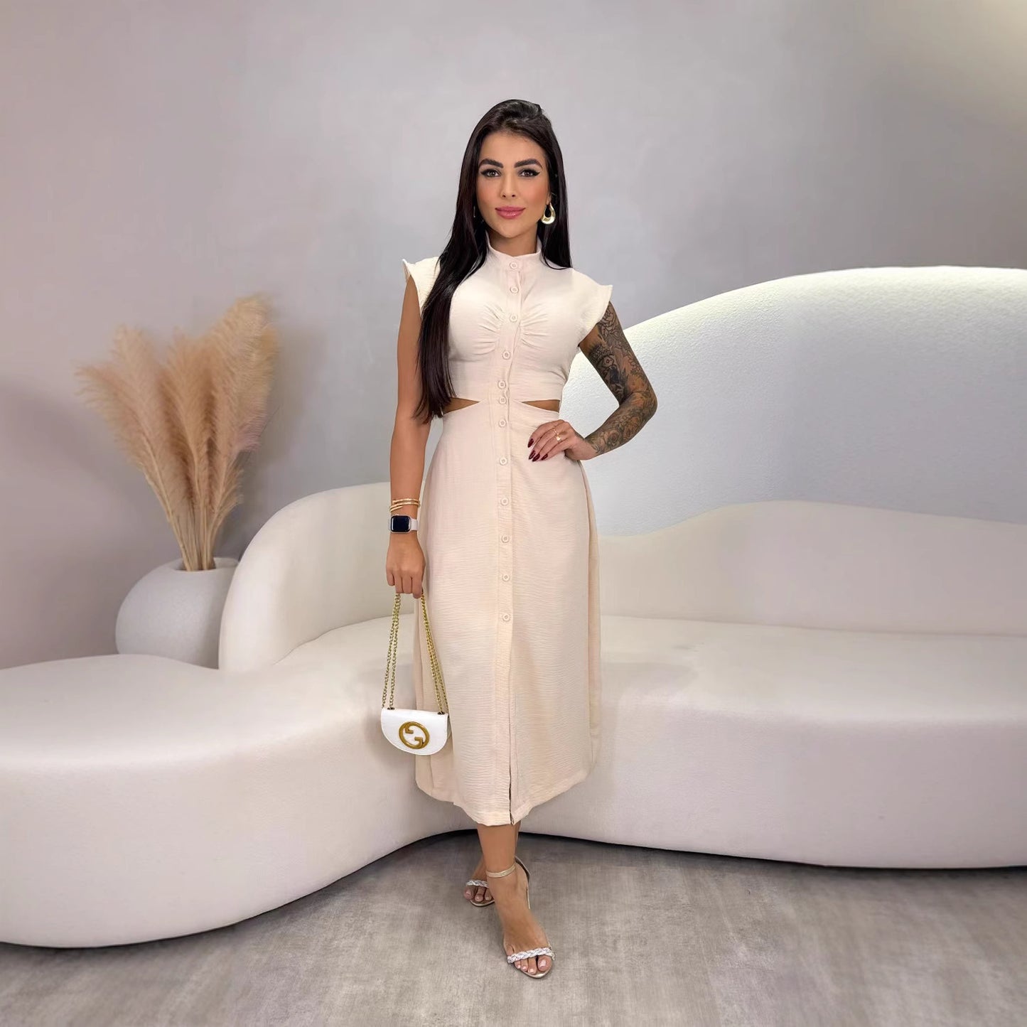 Women's Polyester Stand Collar Oversize Swing Skirt Dress