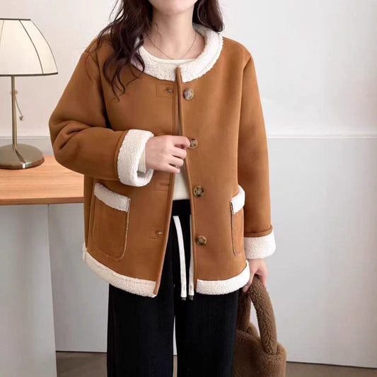 Women's Short Lamb Wool Fleece Suede Coat – Chanel-Inspired Winter Outerwear