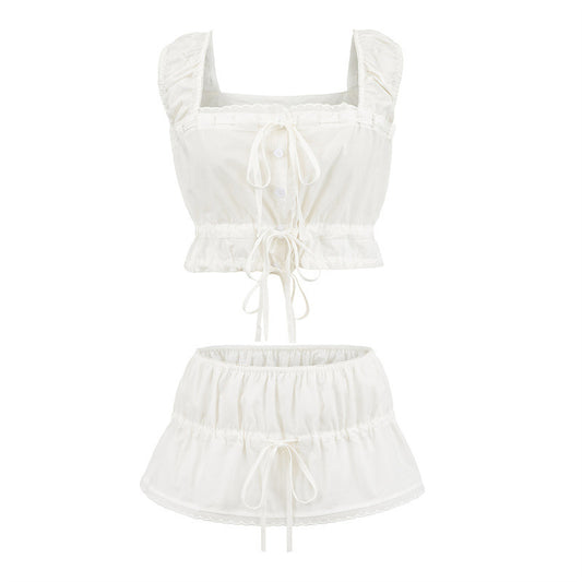 New Summer Lace Bow Drawstring Small Top Lace Elastic Short Pantskirt Skirt Suit