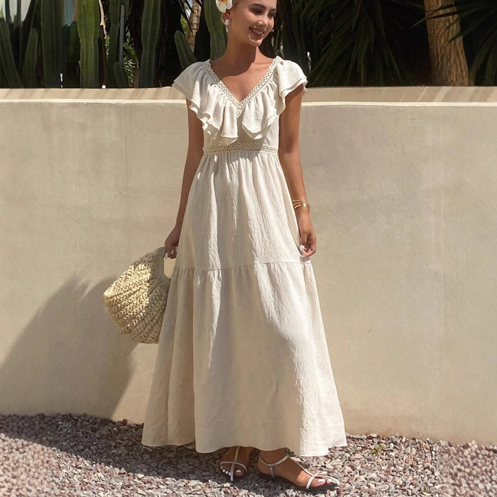 Women’s Summer Loose V-Neck Dress with Flying Sleeves – European & American Style