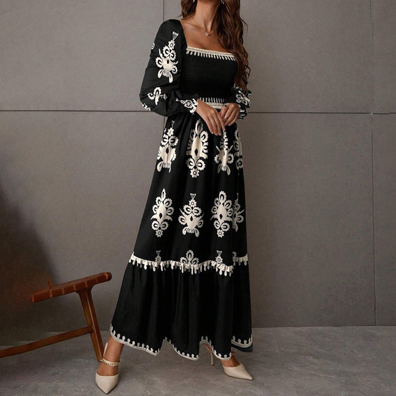 Elegant Women's Retro Geometric Print Lantern Sleeve Dress - Square Neck A-Line With Elastic Cuffs, Casual & Formal Dress