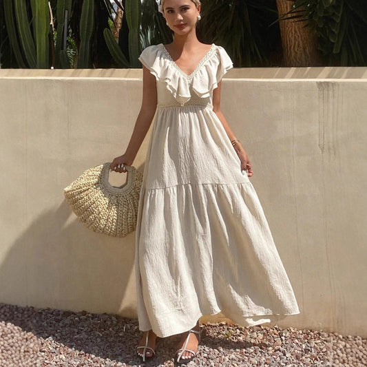 Women’s Summer Loose V-Neck Dress with Flying Sleeves – European & American Style