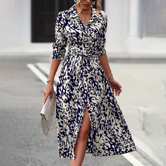 Women's Leopard Print Belted Dress - V-Neck Button Detail Slit Maxi Dress for Spring/Fall