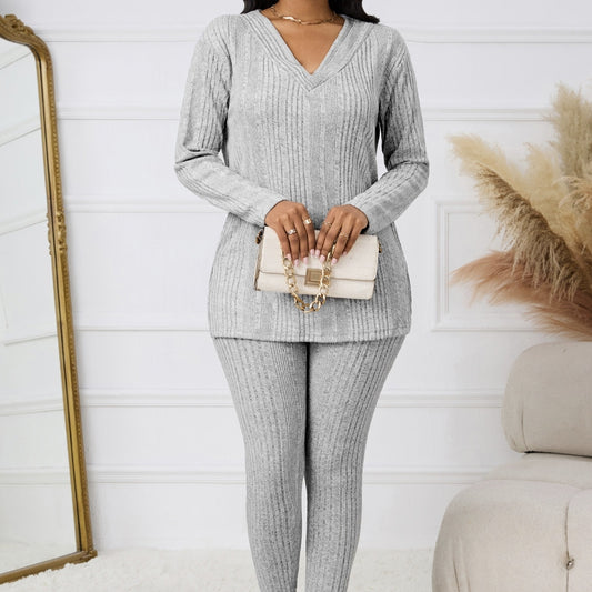 Women's Knitted V-Neck Top & Split Hem Pants Set – 2-Piece Casual Autumn Winter Outfit