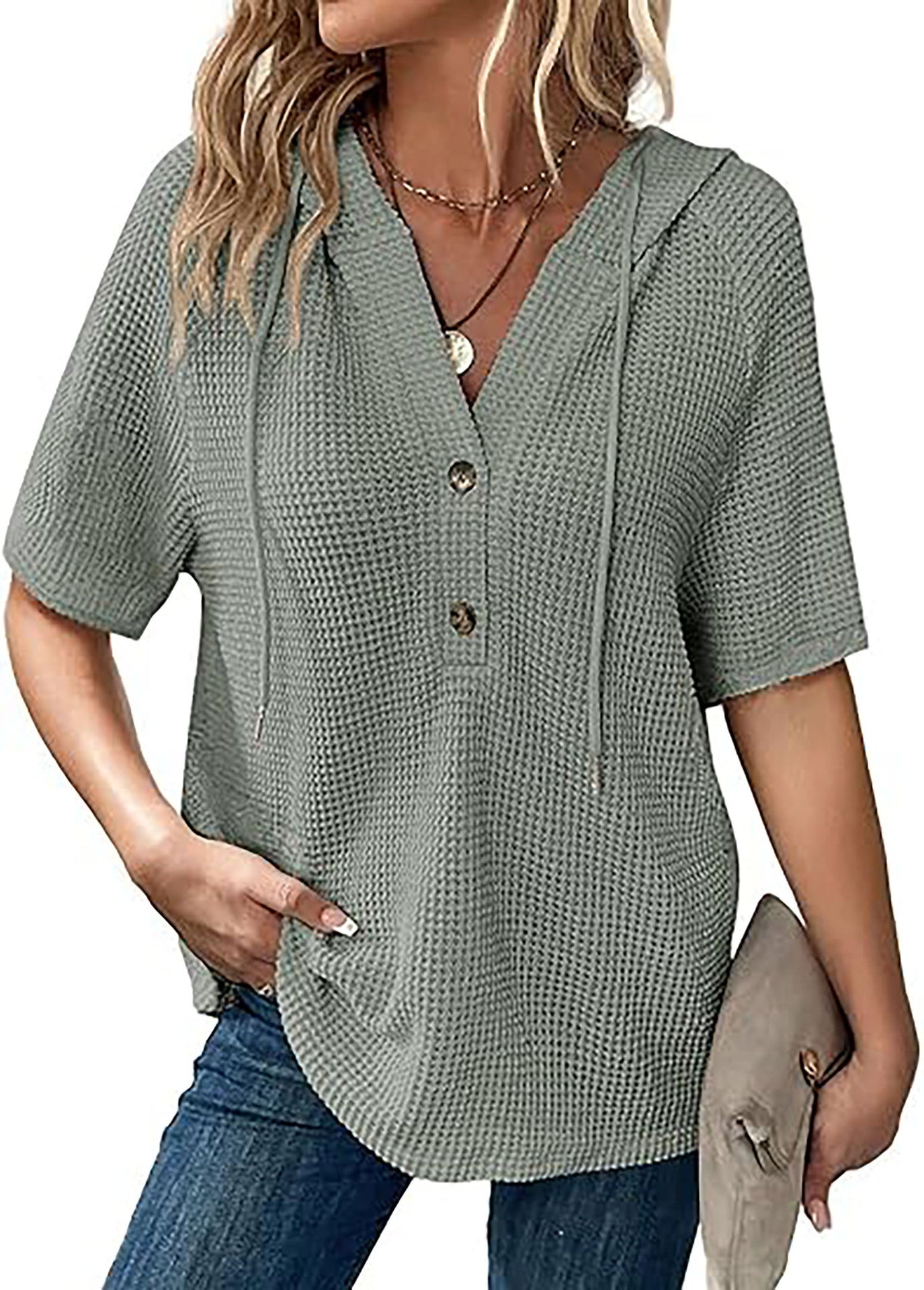 Women's Waffle Knit Short Sleeve Top – Lightweight Summer Casual T-Shirt