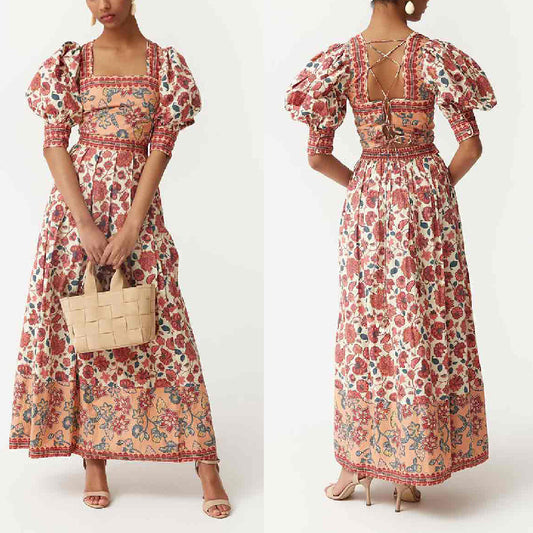 Casual Print Top Square Collar Skirt Two-piece Suit