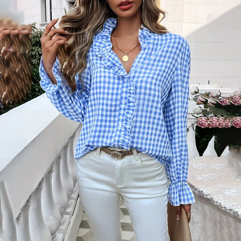 Women's French Style Plaid Shirt - Elegant Checkered Button-Up with Ruffled Cuffs & Stand Collar