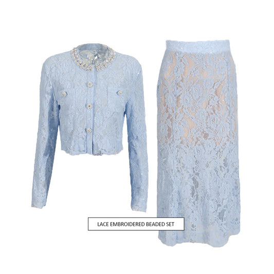 Women's Lace Embroidered Top & High Waist Skirt Set – Round Neck, Diamond Detailing, Elegant Two-Piece Outfit