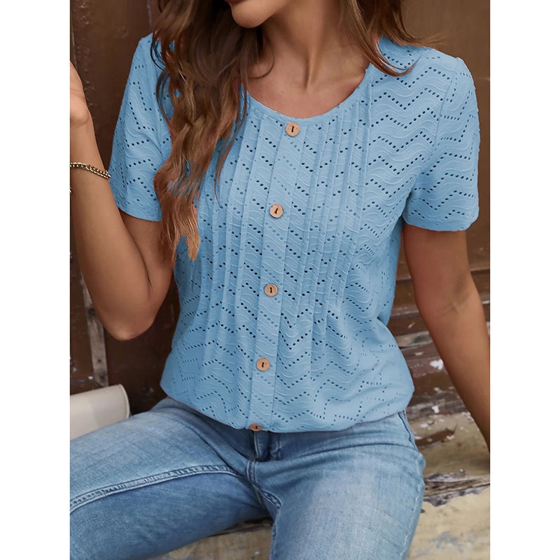 Women's Summer Pleated Button Short Sleeve T-Shirt Summer Crew Neck Solid Color Casual Top