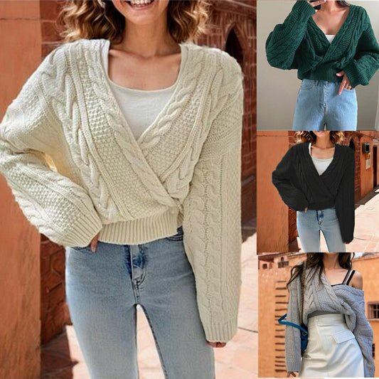 Women's Diagonal Wrap V-Neck Cardigan Sweater – Autumn & Winter Cross Front Pullover