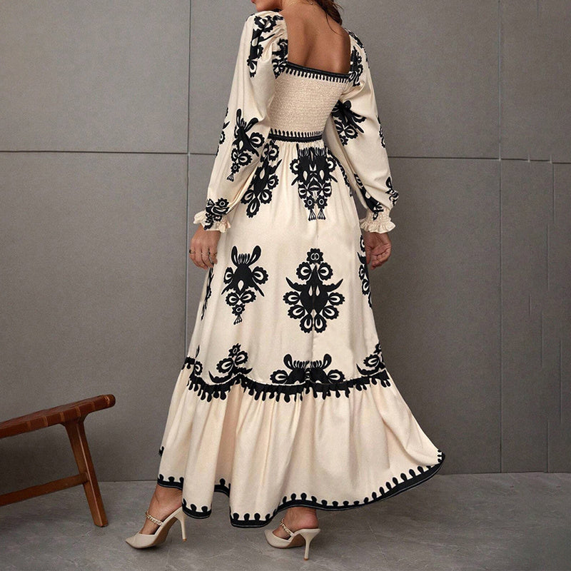 Elegant Women's Retro Geometric Print Lantern Sleeve Dress - Square Neck A-Line With Elastic Cuffs, Casual & Formal Dress