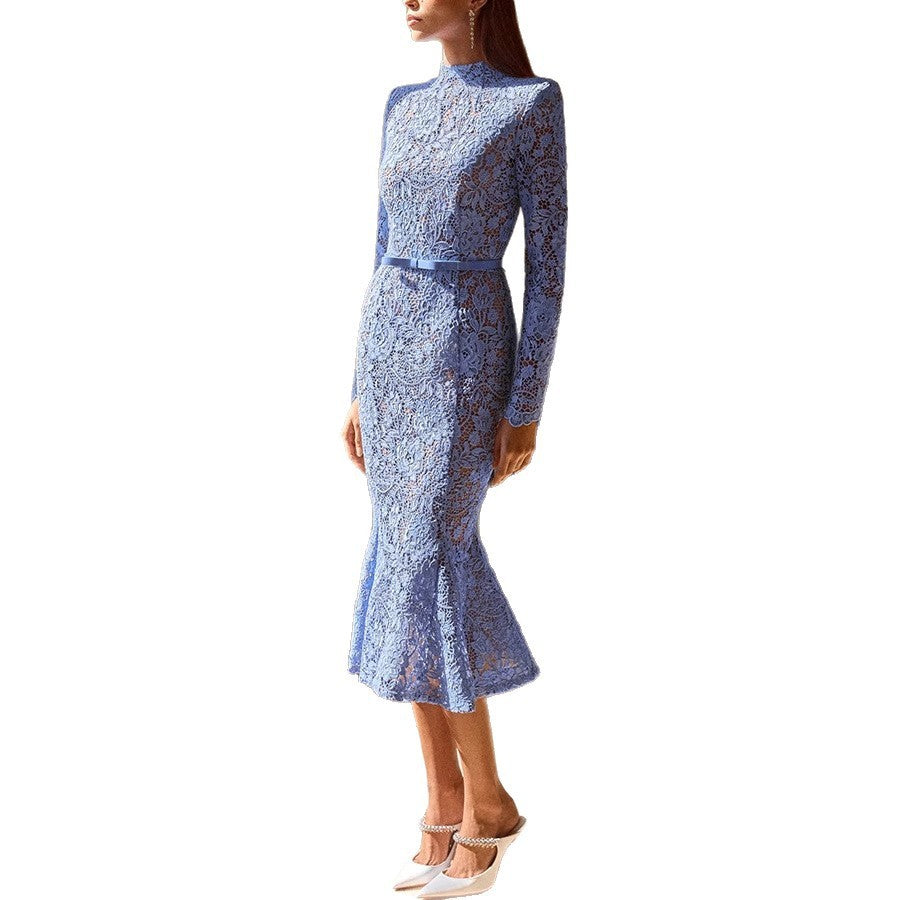 Women's Slim Fit Fishtail Lace Dress – Sheer Long Sleeve Belted Hollow-Out Evening Gown