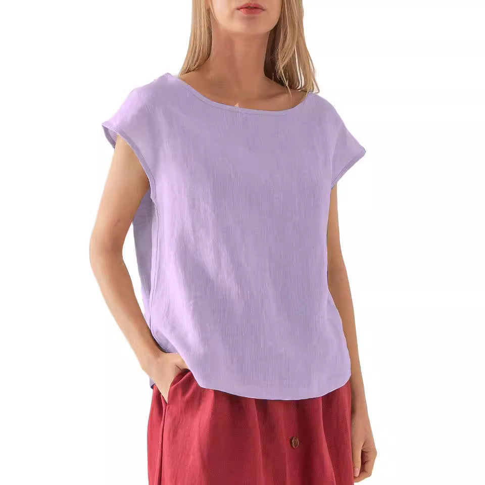 European And American New Linen Casual Loose Short Sleeves T-shirt Solid Color Round Neck Top