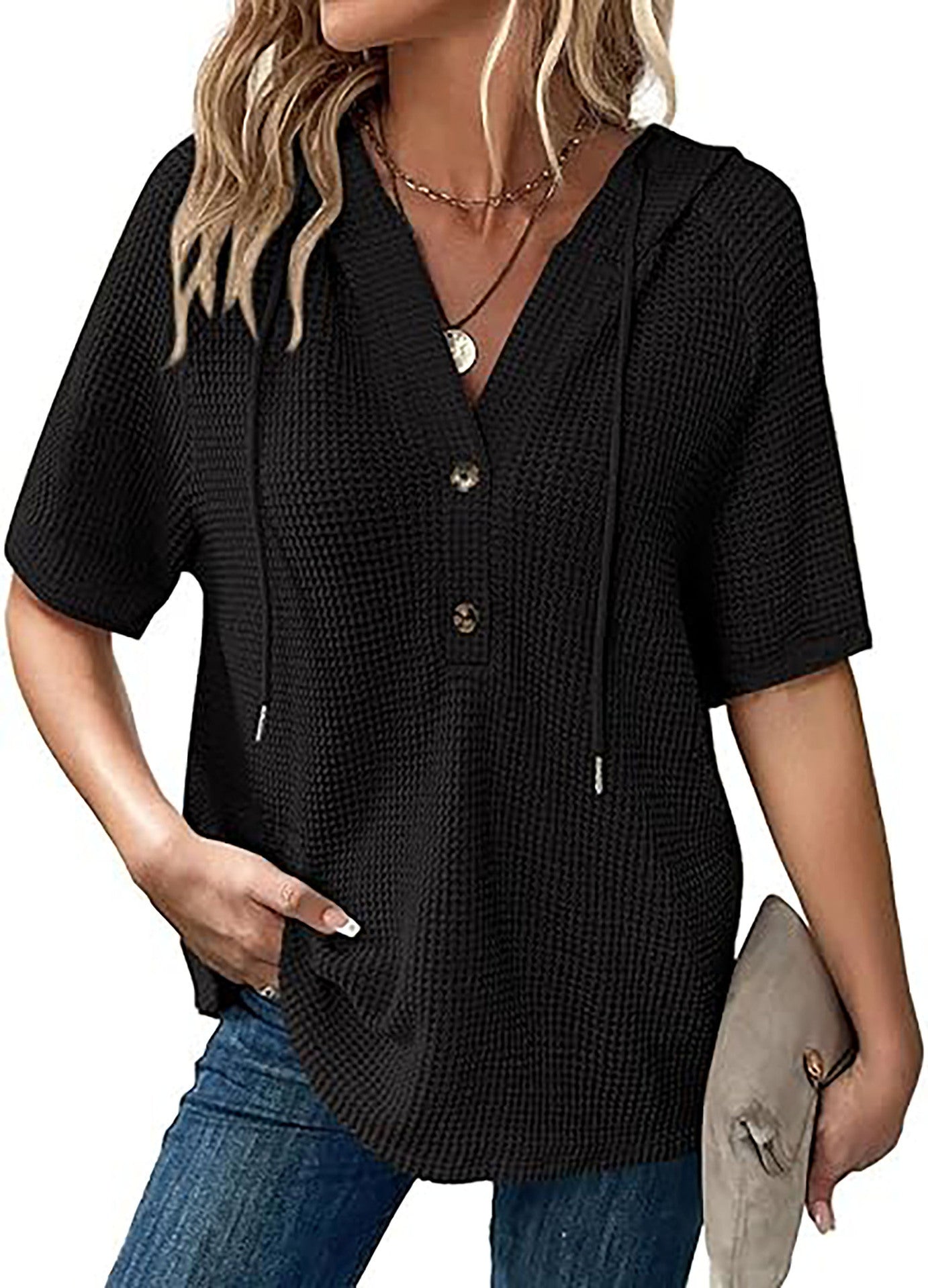 Women's Waffle Knit Short Sleeve Top – Lightweight Summer Casual T-Shirt