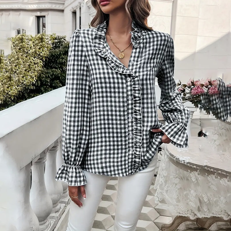 Women's French Style Plaid Shirt - Elegant Checkered Button-Up with Ruffled Cuffs & Stand Collar