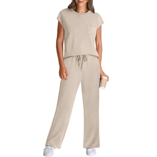 Round Neck Loose Short Sleeves Pocket Two-piece Pants Casual Suit