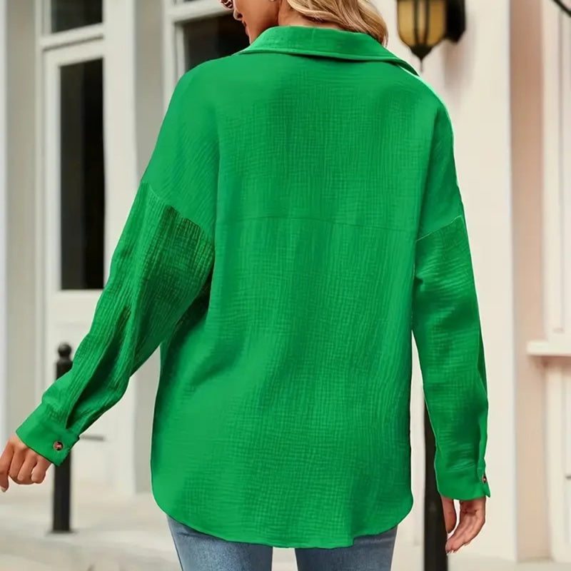 Women's Solid V-Neck Long Sleeve Blouse – Textured Button-Up Casual Shirt for Spring & Fall