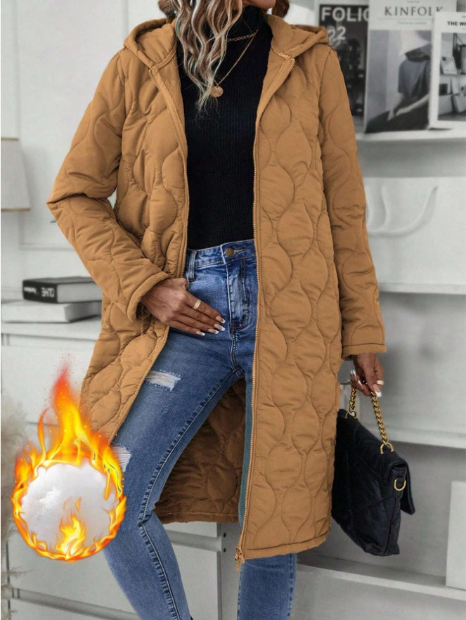 Women's Solid Color Hooded Puffer Coat – Zipper Fly Padded Winter Jacket