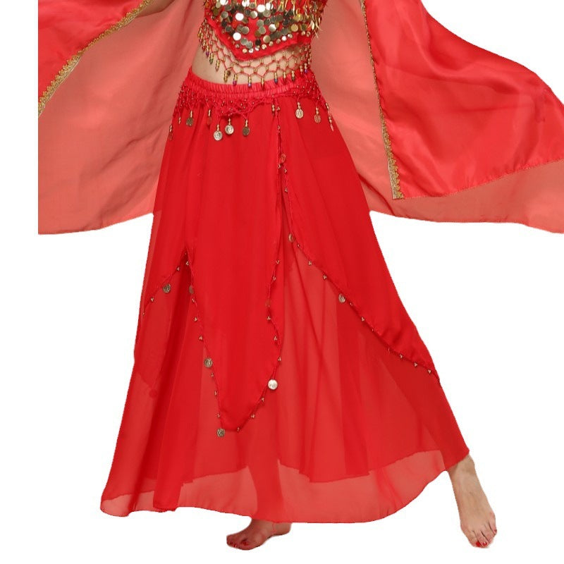Belly Dance Hanging Coin Skirt Chiffon Big Hem Dress