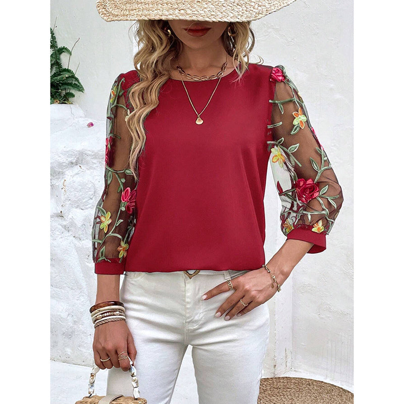 Women’s Floral Embroidered Mesh Puff Sleeve Crew Neck Tee Top