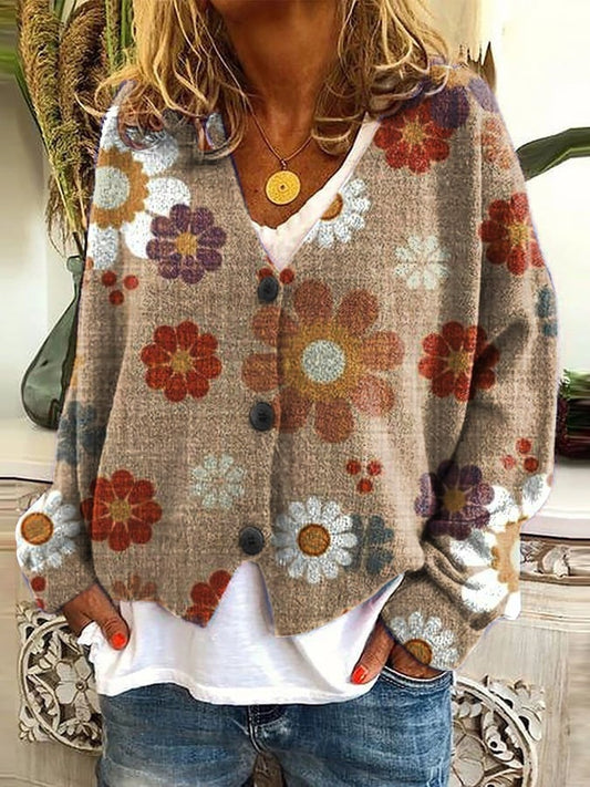 Women's Floral Print V-Neck Button Cardigan – Elegant Long Sleeve Sweater