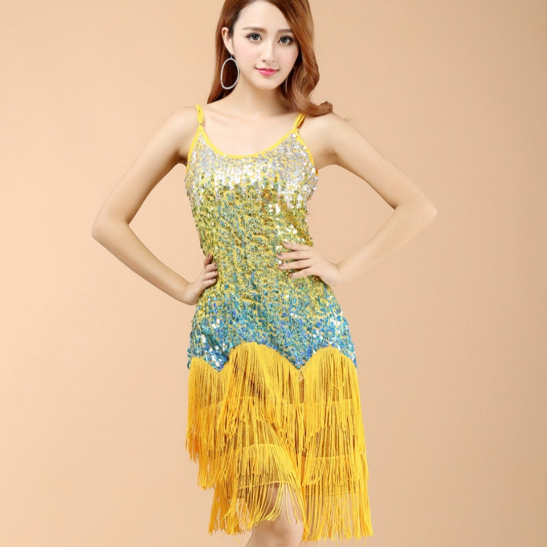 Sequined Suspender Latin Dance Tassel Dress