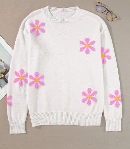 White Flower Pattern Ribbed Edge Elegant Sweater