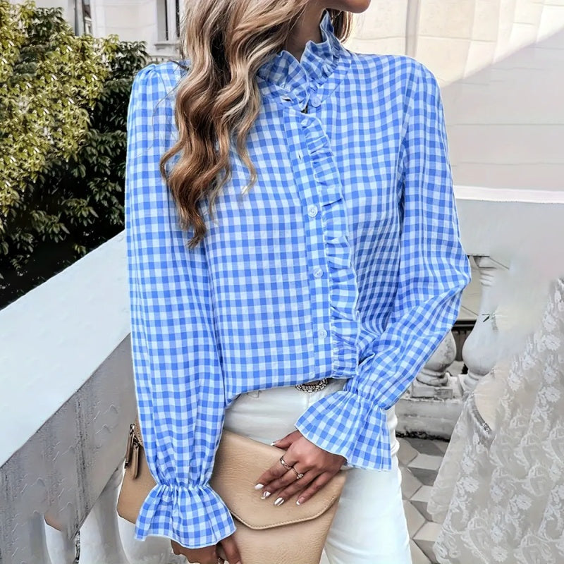 Women's French Style Plaid Shirt - Elegant Checkered Button-Up with Ruffled Cuffs & Stand Collar
