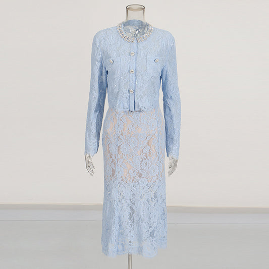 Women's Lace Embroidered Top & High Waist Skirt Set – Round Neck, Diamond Detailing, Elegant Two-Piece Outfit