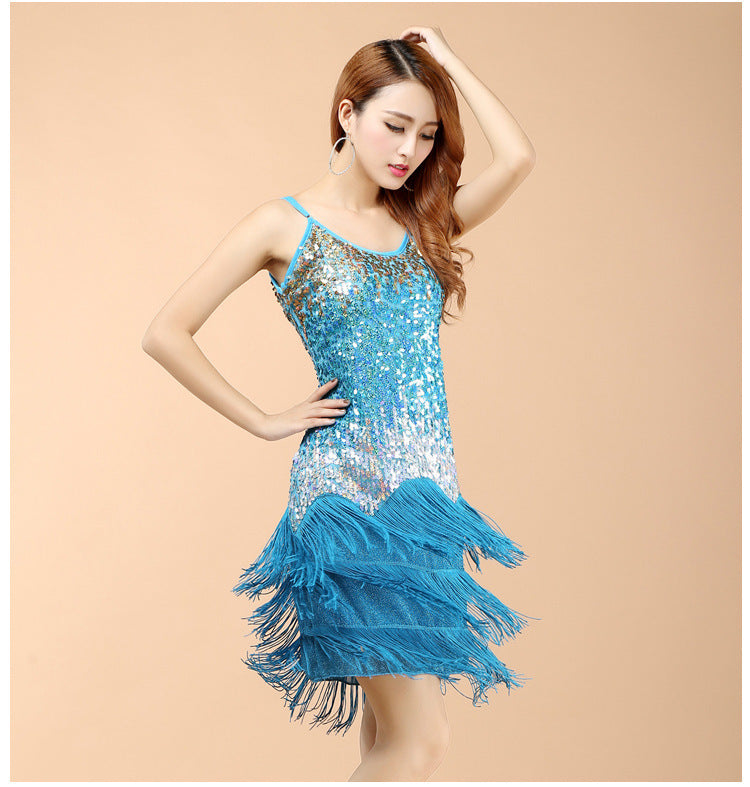 Sequined Suspender Latin Dance Tassel Dress