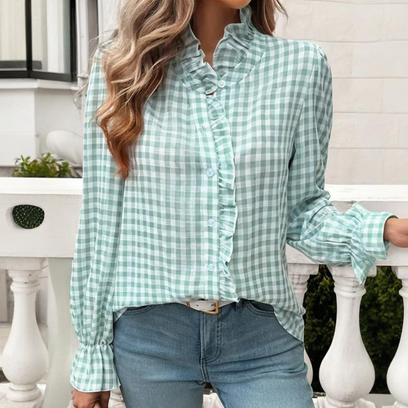 Women's French Style Plaid Shirt - Elegant Checkered Button-Up with Ruffled Cuffs & Stand Collar
