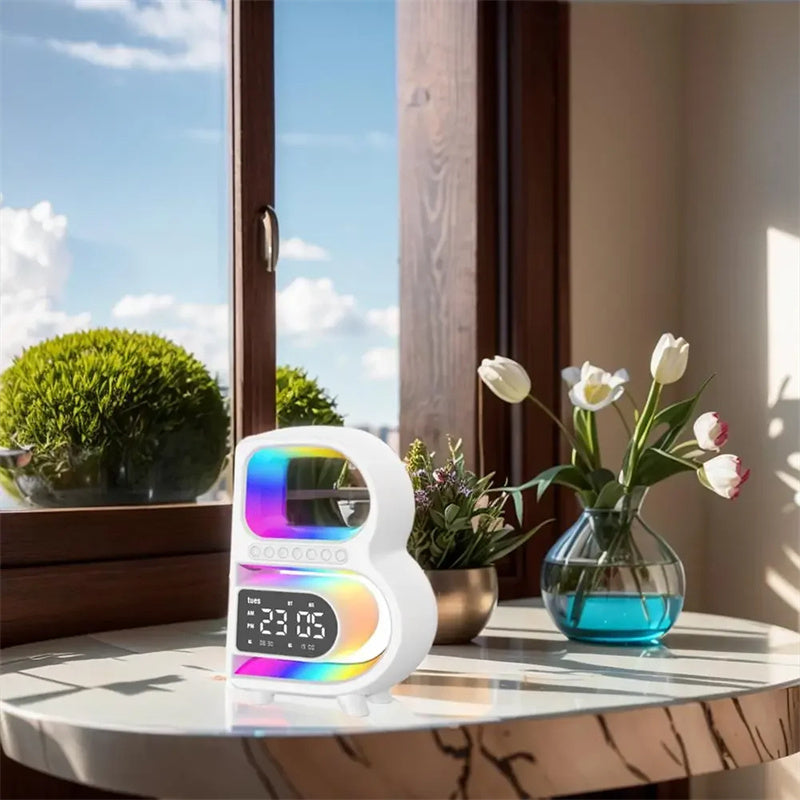 2024 New B-Shaped Bluetooth Speaker – Multifunctional Smart Music Rhythm Light with Wireless Phone Charging, TF Card, AUX & Standard Mode