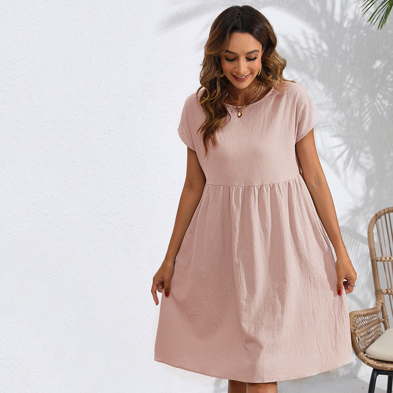 OL Temperament Cotton Linen Round-neck A-line Skirt Pocket Dress