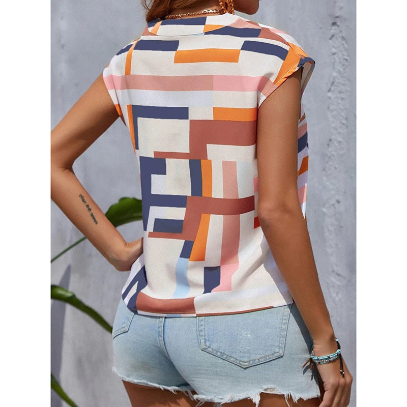 Women's Geometric Print V-Neck T-Shirt – Dressy Casual Cap Sleeve Summer Top