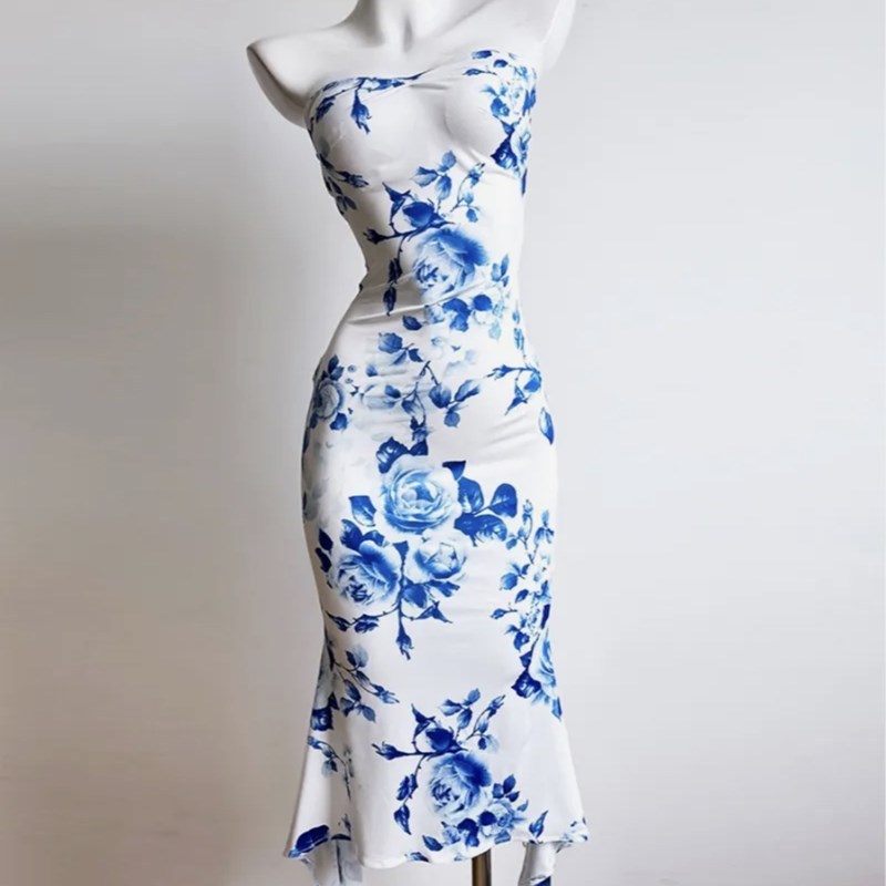 Chinese Print Tube Top Dress Blue And White Porcelain Sheath Fishtail Skirt