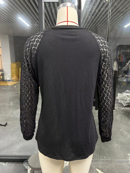 Women's Lace Trim Knitted Shirt – Casual Autumn Long Sleeve Top