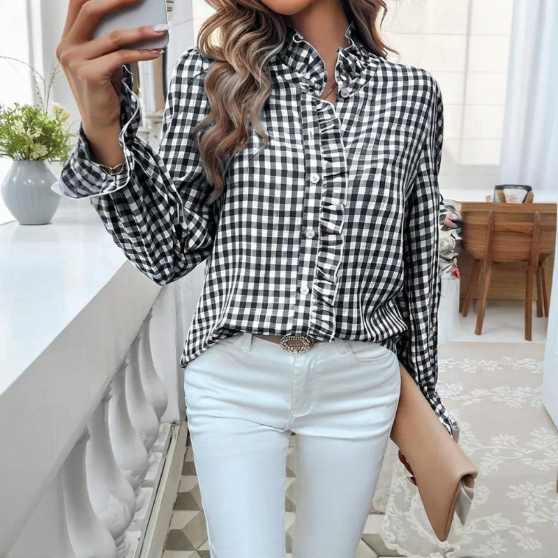 Women's French Style Plaid Shirt - Elegant Checkered Button-Up with Ruffled Cuffs & Stand Collar