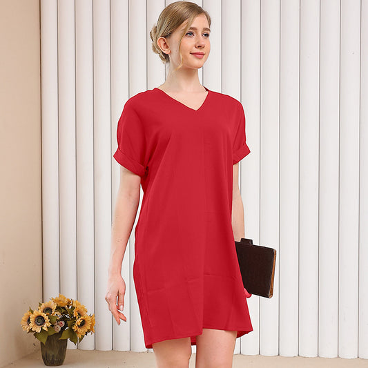 Women's Casual V-Neck Short Sleeve Dress – Comfortable Loungewear for Home & Daily Wear