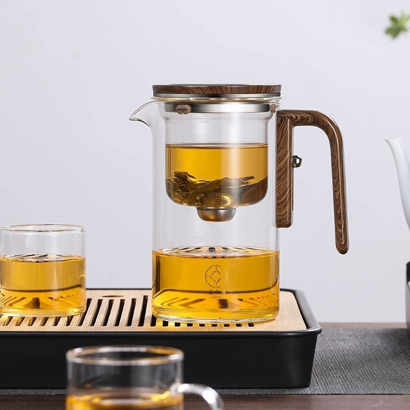 Magnetic Separation Glass Teapot – One-Click Tea Filter Pot with Wooden Handle & Inner Infuser